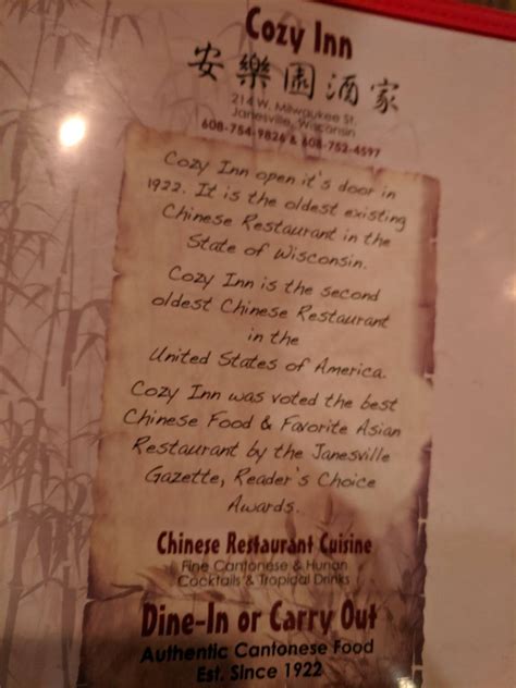 Menu at Cozy Inn Chinese Restaurant, Janesville