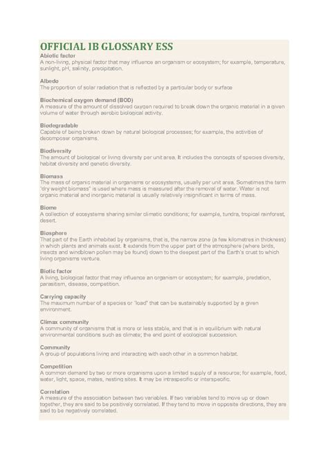 Official IB Glossary ESS - OFFICIAL IB GLOSSARY ESS Abiotic factor A ...