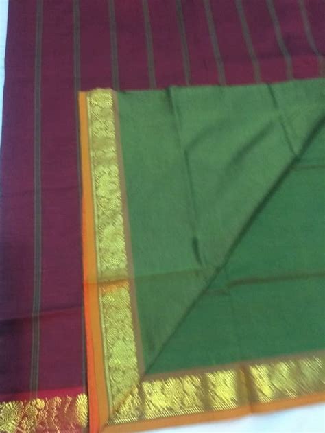 6111 Polycotton Saree Olive green with Maroon Border – Varadarams Silks