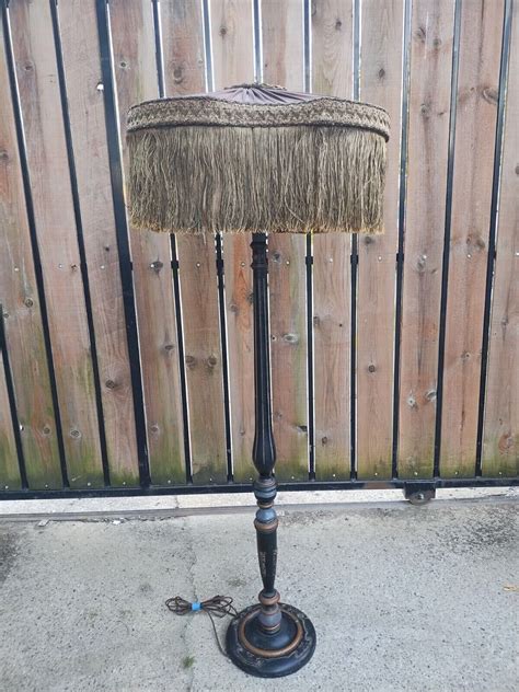 Antique Wood Floor Lamp With Rare Original Silk Shade Metal Thread ...