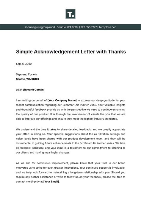 Free Simple Acknowledgement Letter with Thanks Template to Edit Online