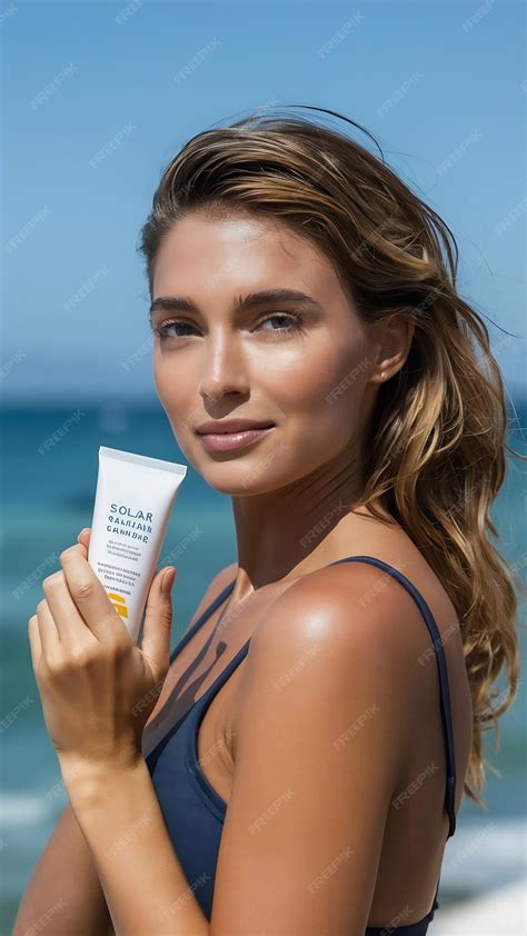 Beautiful woman with sunscreen solar cream over ocean background sun tanning | Premium AI ...