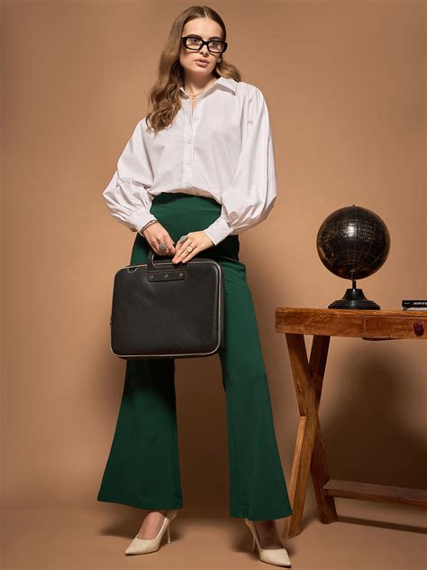 Women Solid Green High-Rise Waist Flat-Front Pleat Slip-On Wide-Leg ...