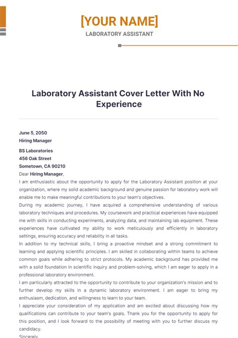 Free Laboratory Assistant Cover Letter With No Experience Template to Edit Online