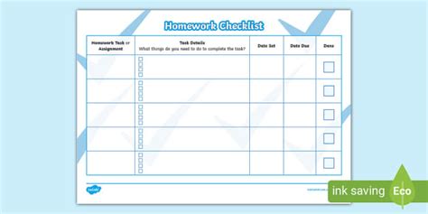 Homework Checklist Template for Students | Primary Resources