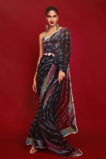 Buy Black Georgette Embroidery Beads Tie Dye Pattern Saree With ...