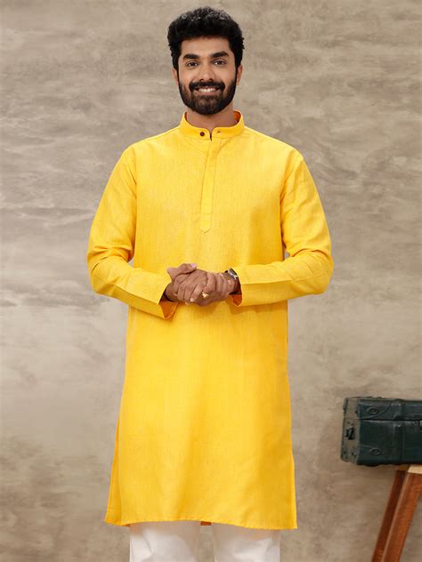 Men Cotton Full Length Plain Pocket Kurta Orangy Yellow Y17