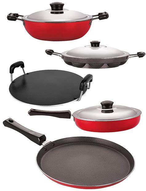 Buy Nirlon Aluminium Cookware Set, 5-Pieces, Red and Black (2.6mm_FT13 ...