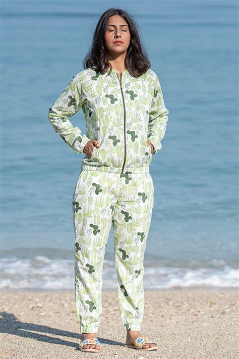 Okhai 'Floraison' Pure Cotton Hand Block Printed Bomber Jacket & Jogge ...