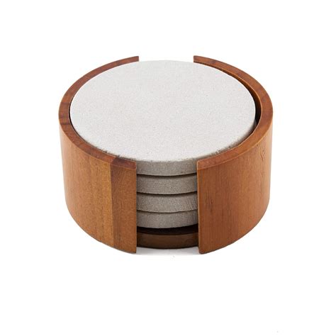 Thirstystone Sandstone Wood Coaster, 4 inch Round, Plain Set w/Holder ...