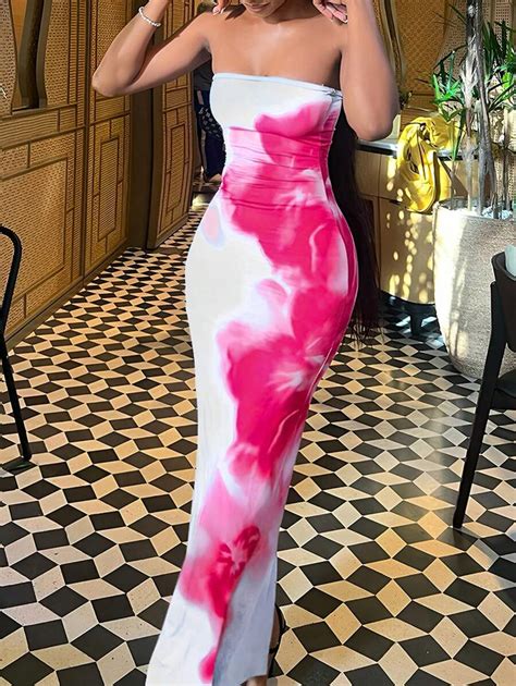 INAWLY Women Floral Tie-Dye Print Fitted Elegant Midi Dress | SHEIN USA