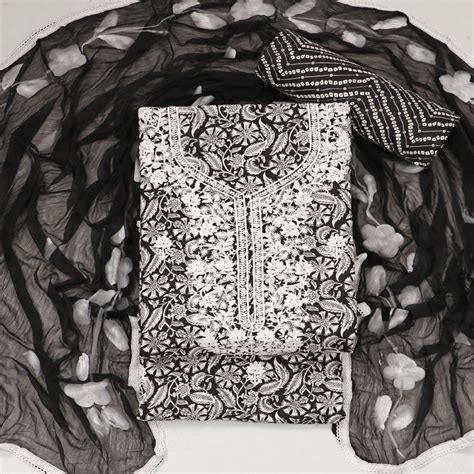 Black Printed With Embroidery Pure Cotton Dress Material