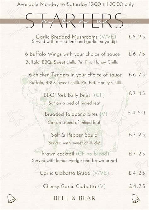 Menu at Bell & Bear Inn pub & bar, Rowley Regis