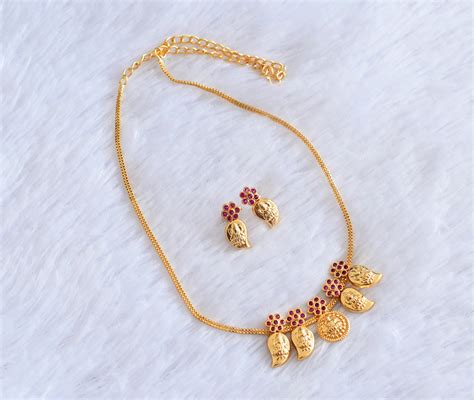 Gold tone pink stone mango lakshmi coin necklace set dj-53043 – dreamjwell