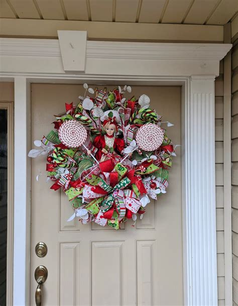 Peppermint Christmas Wreath With Elf Doll, Festive Holiday Door Decor ...