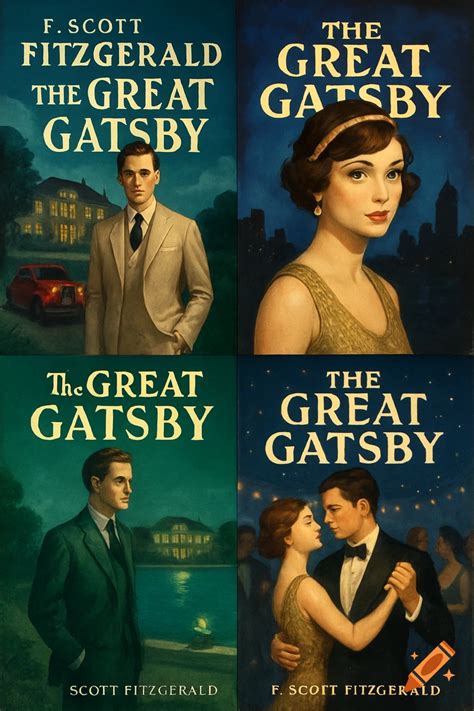 Four illustrated book covers for The Great Gatsby, featuring characters ...