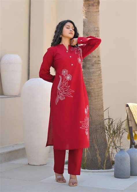 Red embroidered full sleeve V neck Cotton Kurti Pant – Stylesang