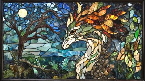 A stained glass portrayal of a mystical forest creature blending ...