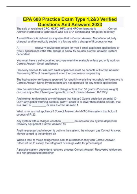 EPA 608 Practice Exam Type 1,2&3 Verified Questions And Answers 2023 ...