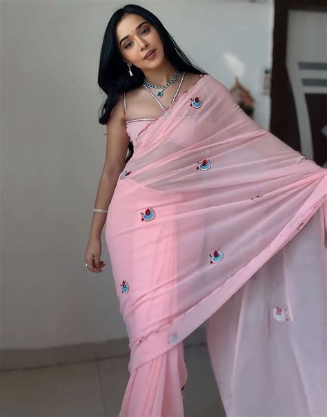 Baby Pink Soft Georgette Ready To Wear Saree With Printed Work – Sareewave