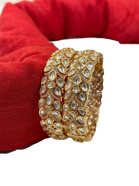 Buy Unique Designer Leaf Shape Polki Kundan Kada Bangles Set For Women ...