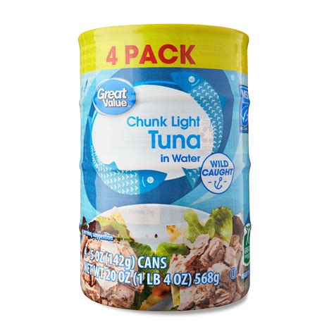 (4 Cans) Great Value Chunk Light Tuna in Water, 5 oz