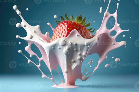 AI Generated Strawberry falling into splashing milk or yogurt splash ...