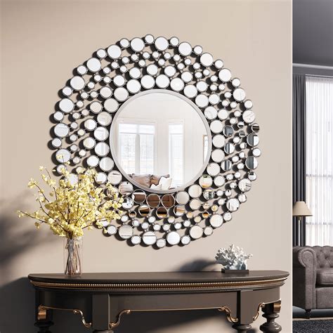 HMANGE Round Decorative Wall Mirror, Large Modern Silver Mirrors for ...