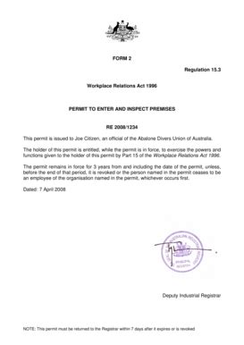 Fillable Online FORM 2 Regulation 15.3 Workplace Relations Act 1996 ...