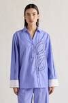 Buy Blue Cotton Embroidery Collared Button Down Striped Shirt For Women ...