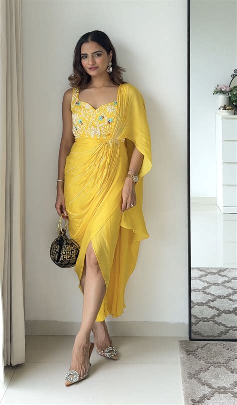 Yellow Embroidered Drape Saree Gown – Ewoke Studio