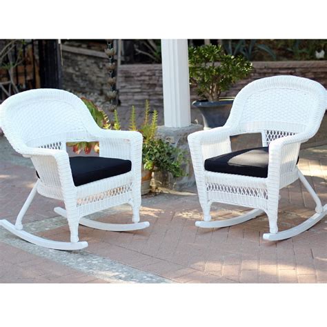Jeco Resin Wicker Outdoor Patio Rocker Chair in White w/Black Cushion ...