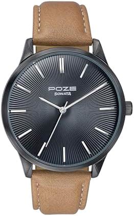 Buy Sonata Poze Quartz Black Dial Tan Leather Strap for Men ...