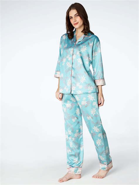 Zeyo Womens Satin Floral Printed Night Suits Light Blue Shirt & Pyjama