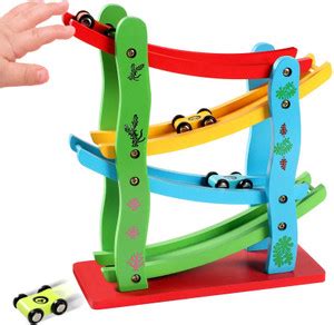 WISHKEY Wooden Multilevel Twister Ramp Race Track Set with Four Racing ...