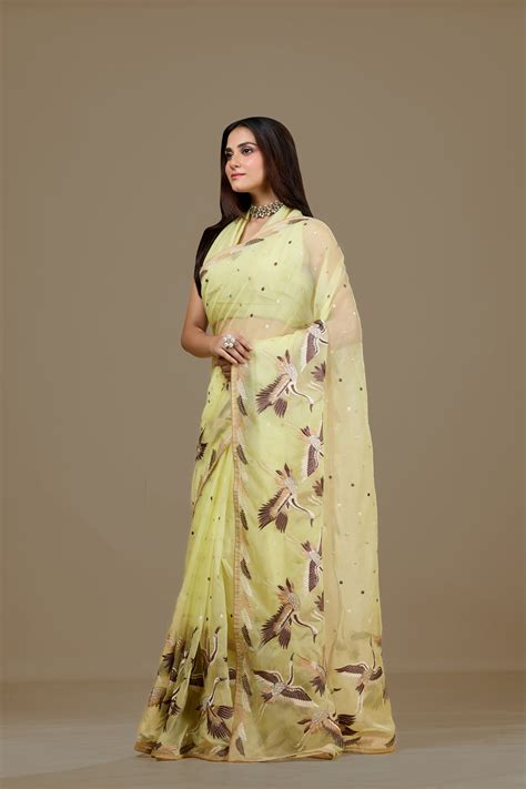 Light Yellow Organza with Intricate Machine Embroidery – Aparnaa Sarees