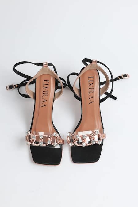 Buy Beige Stone And Chain Embellished Color Block Heels by Elviraa By ...