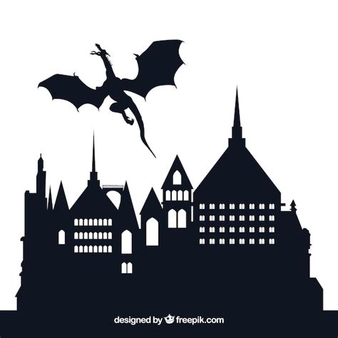 Silueta, de, castelo, e, voando, dragão | Vetor Grátis