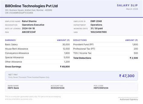 Salary Slip Format in Excel for Small Businesses — BillOnline
