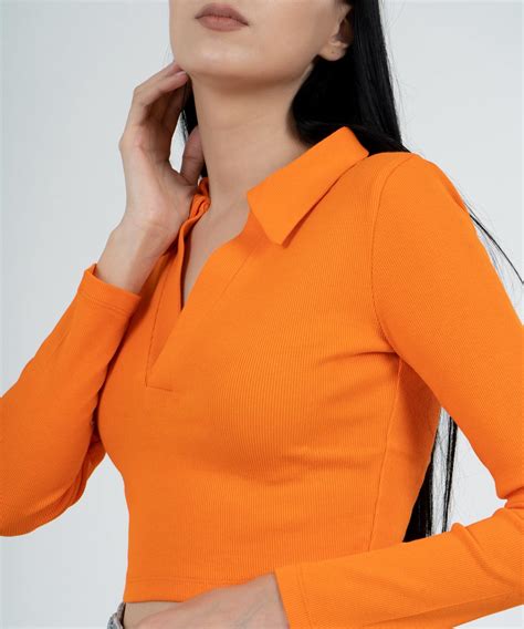 Ribbed Collared Full Sleeves Top - Neon orange