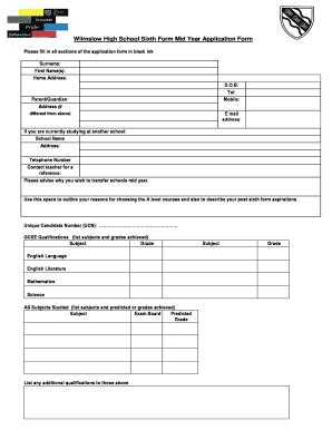 Fillable Online Wilmslow High School Sixth Form Mid Year Application ...