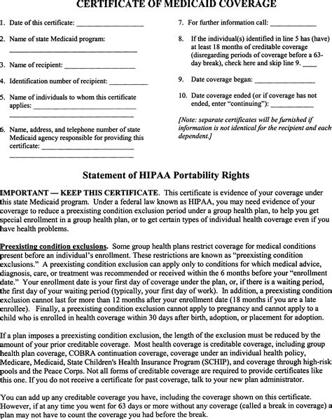 Certificate Of Creditable Coverage Template