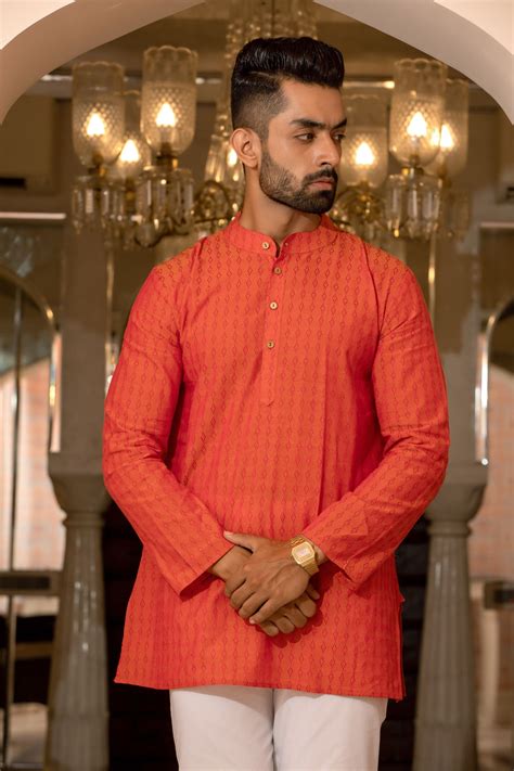 Orange Red Jacquard Embroidered Cotton Kurta for Men | Firangi Yarn