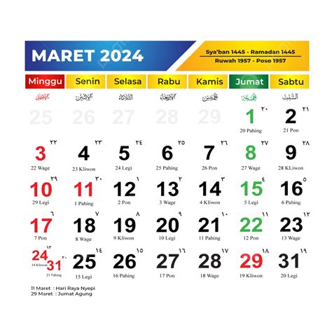 March 2024 Calendar Complete With Red Dates Of Free Javanese And ...