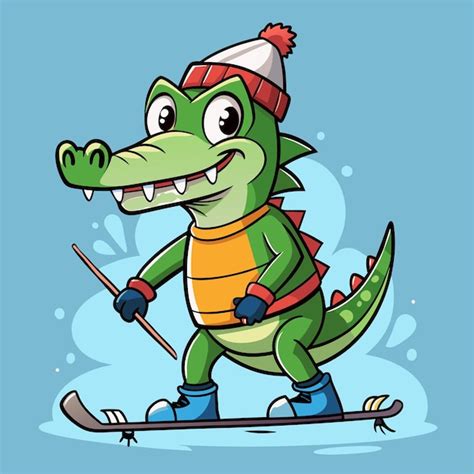 Adorable crocodile on ice skis design cartoon vector illustration ...