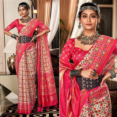 White & Pink Patola Printed Tussar Silk Saree