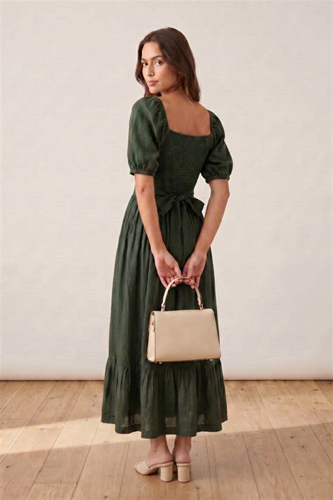 Olive Green Smocked Feminine Silhouette Ruffle Hem Solid Russian Silk