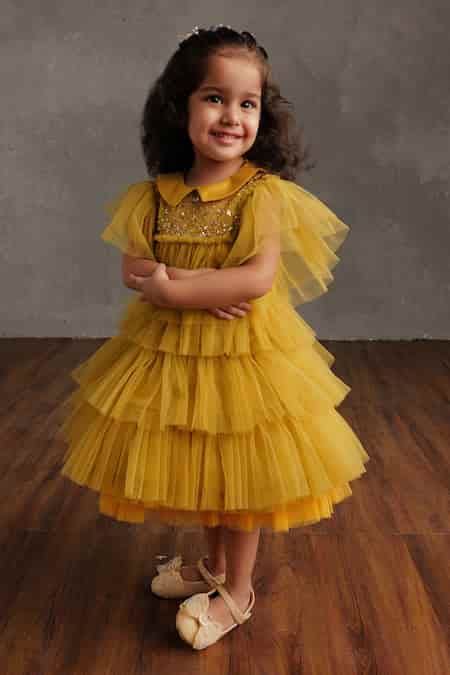 Buy Yellow Tulle, Crepe, Satin Beads Michele Frilled Laser Cut Dress ...