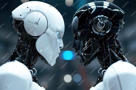 Two futuristic opposite ai robots battle of good and bad artificial ...
