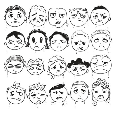 Drawing Of Many Different Emotions Outline Sketch Vector, Sad Faces ...